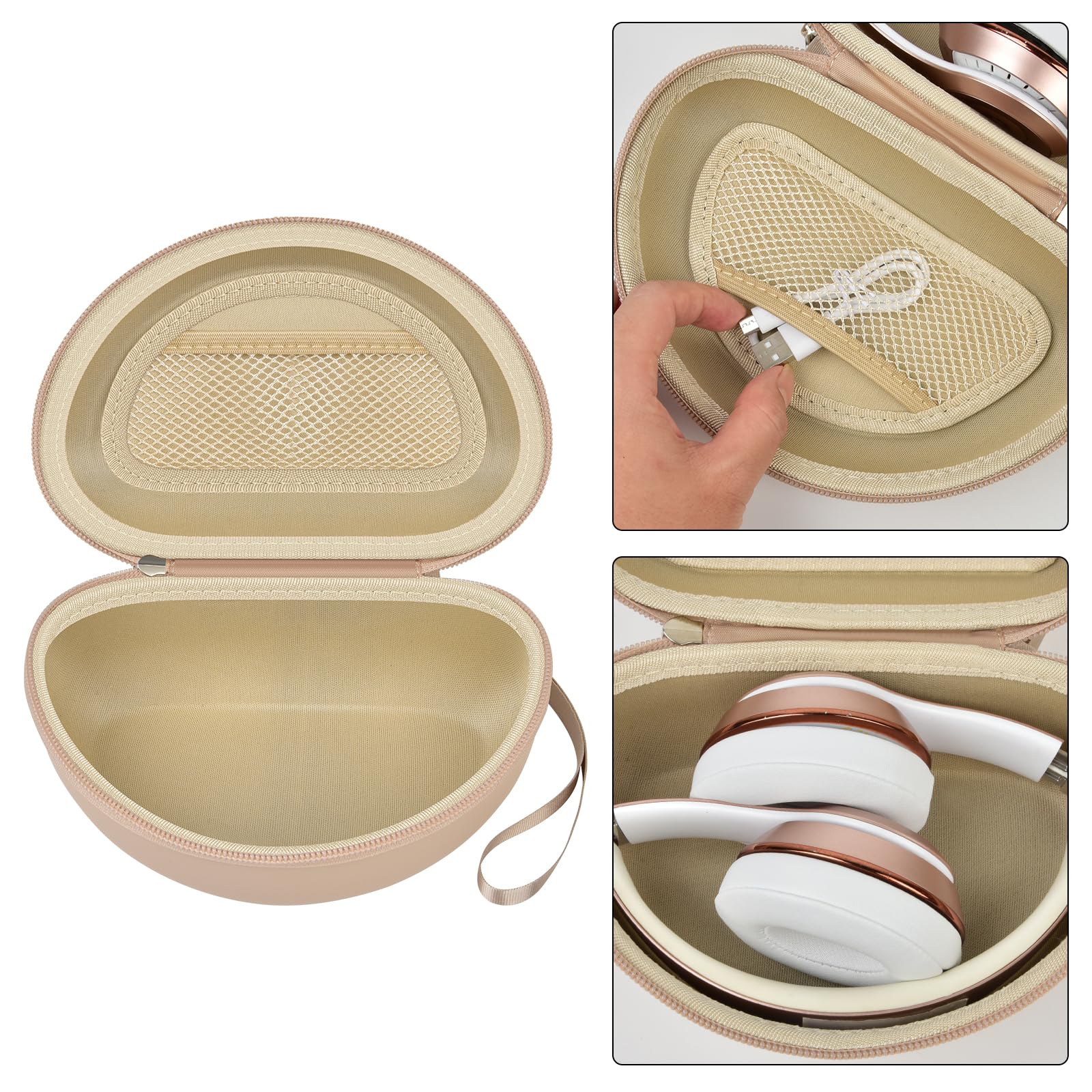 Open beige headphone case with mesh accessory pocket and folded over-ear headphones