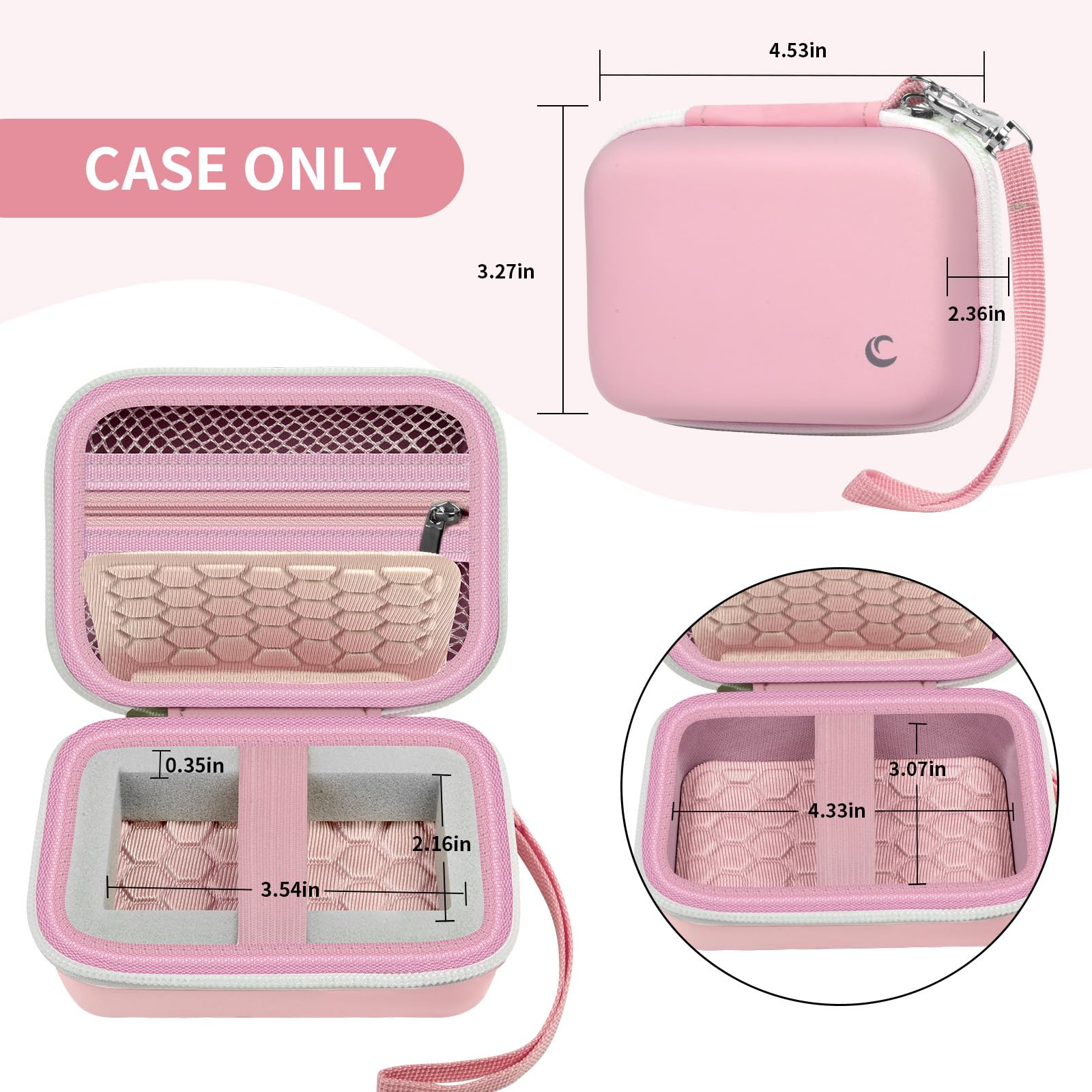 Open light pink camera case with internal dimensions and wrist strap; case only