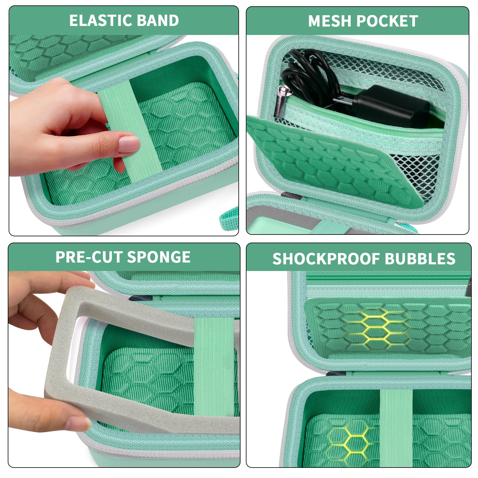 Mint green camera case interior with elastic strap, mesh pocket, foam insert, and shock-absorbing padding