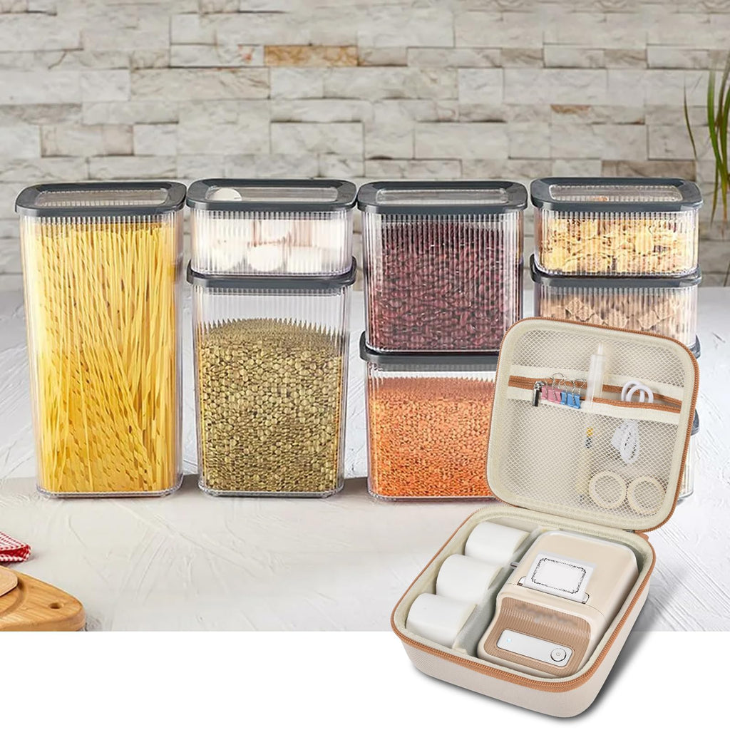 Open beige NIIMBOT label maker case organizing a printer and accessories in a kitchen