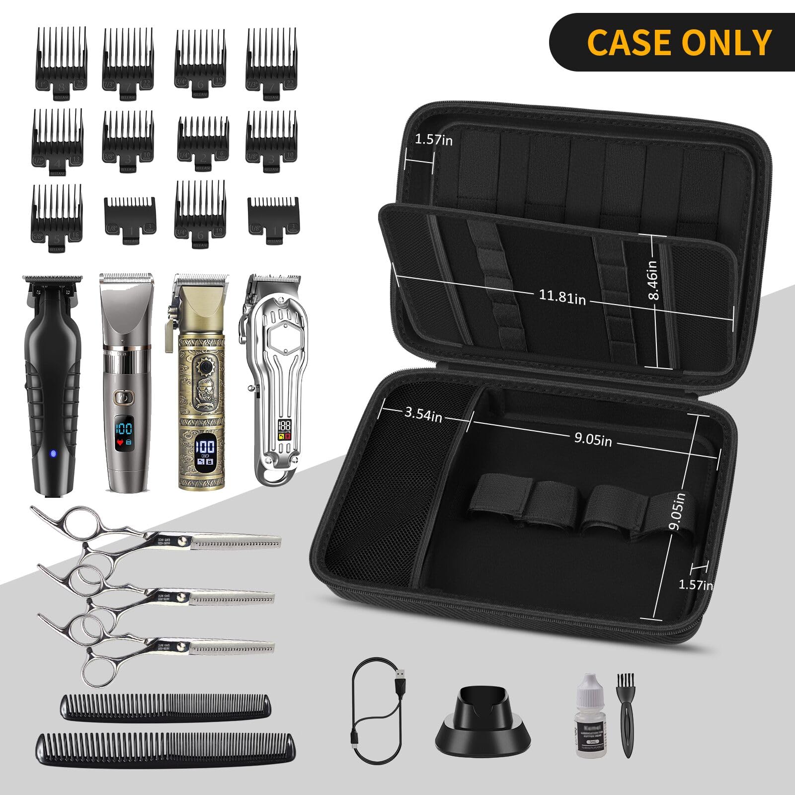 Open black and gold barber case with elastic loops for clippers, guards, scissors, and tools; case only