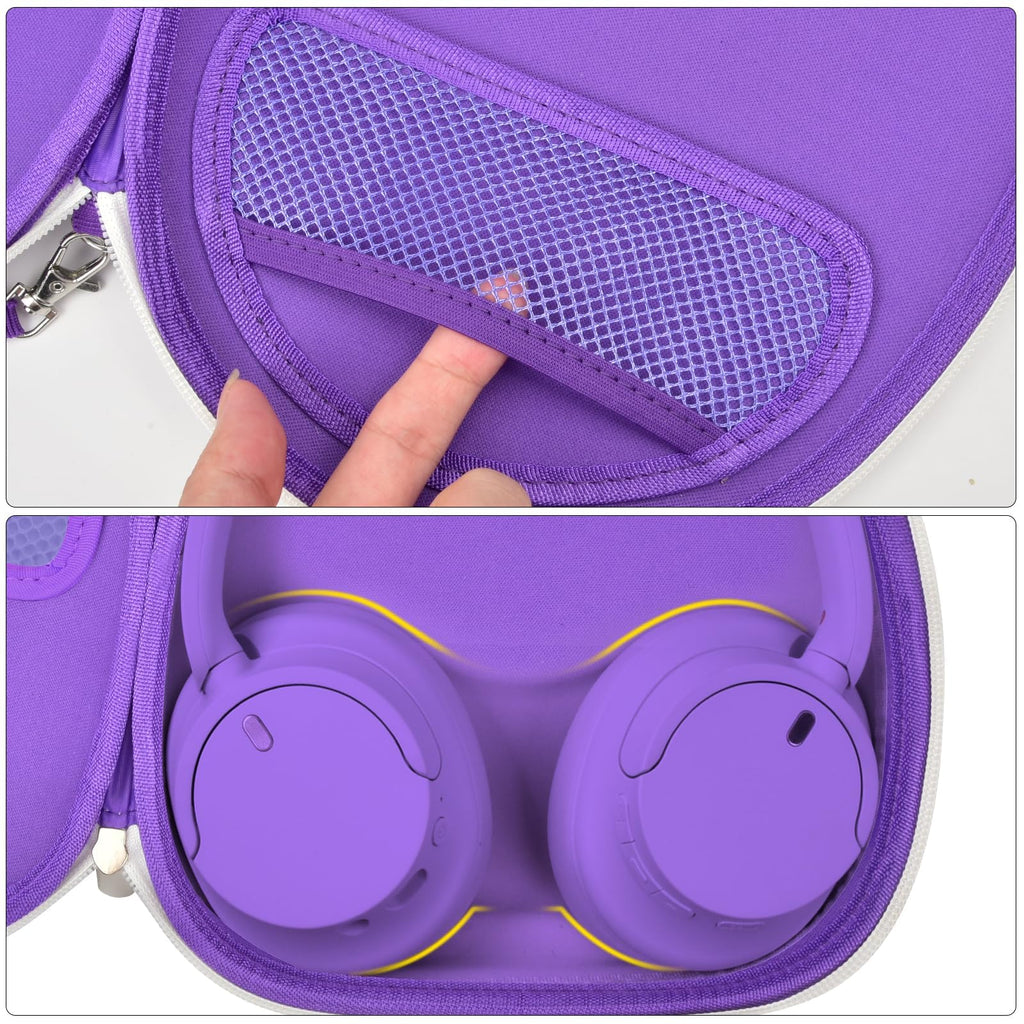 Purple headphone case interior with mesh accessory pocket and folded headphones