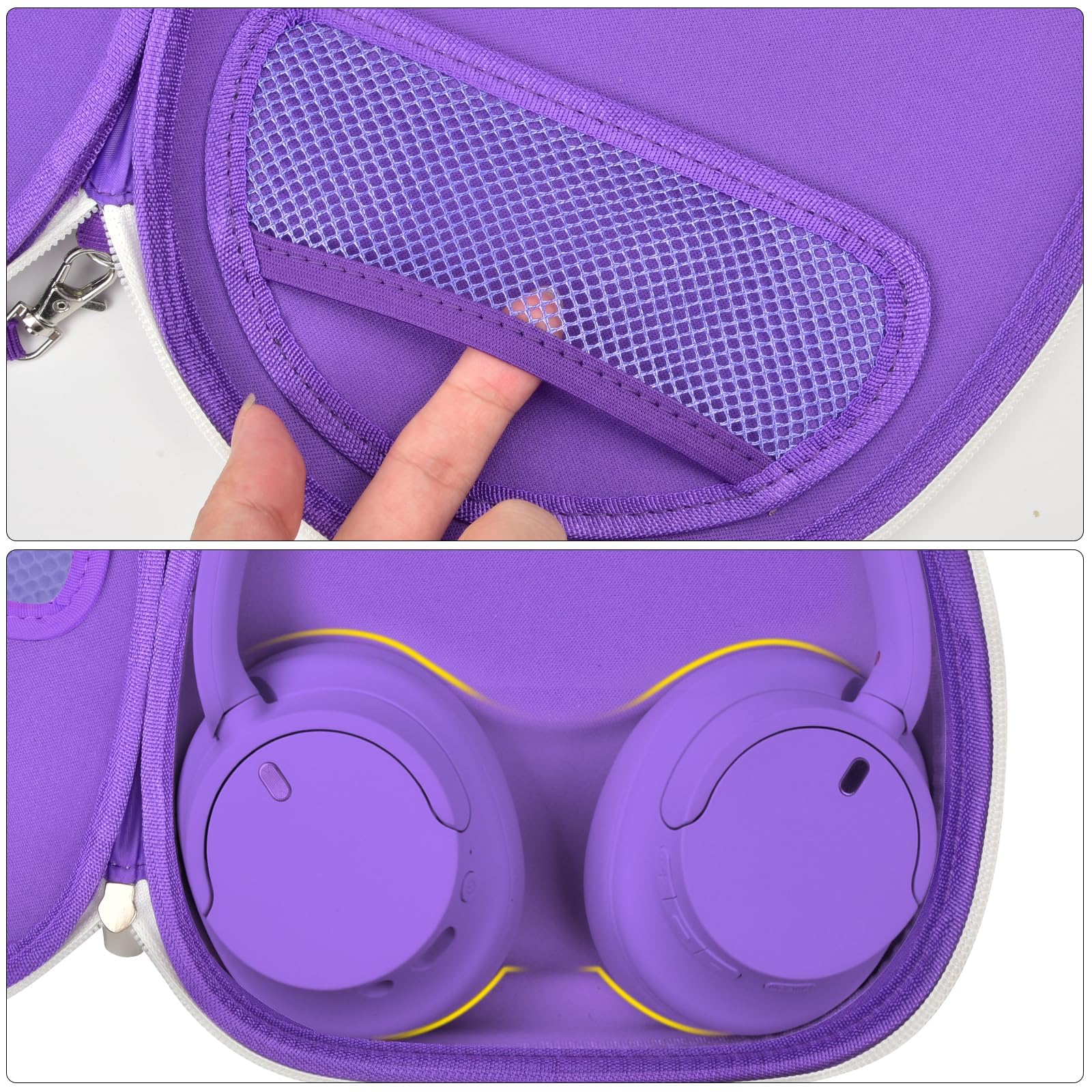 Purple headphone case interior with mesh accessory pocket and folded headphones