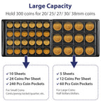 Navy coin collection album showing capacity for 300 coins in multiple pocket sizes
