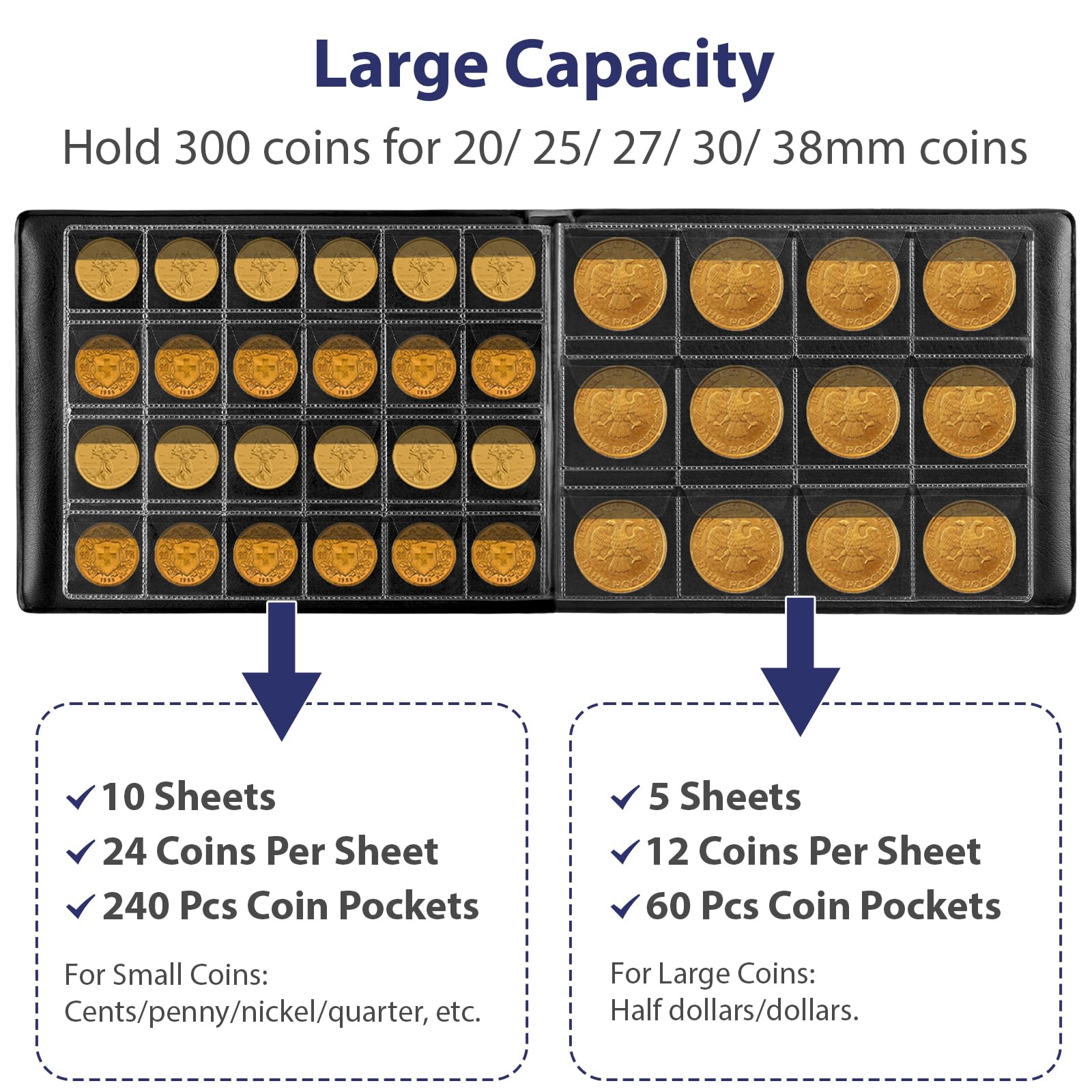Navy coin collection album showing capacity for 300 coins in multiple pocket sizes