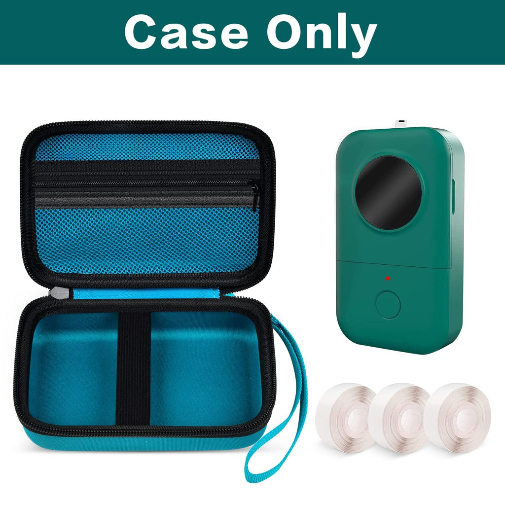 Open teal label maker case with mesh pocket and divided interior; case only