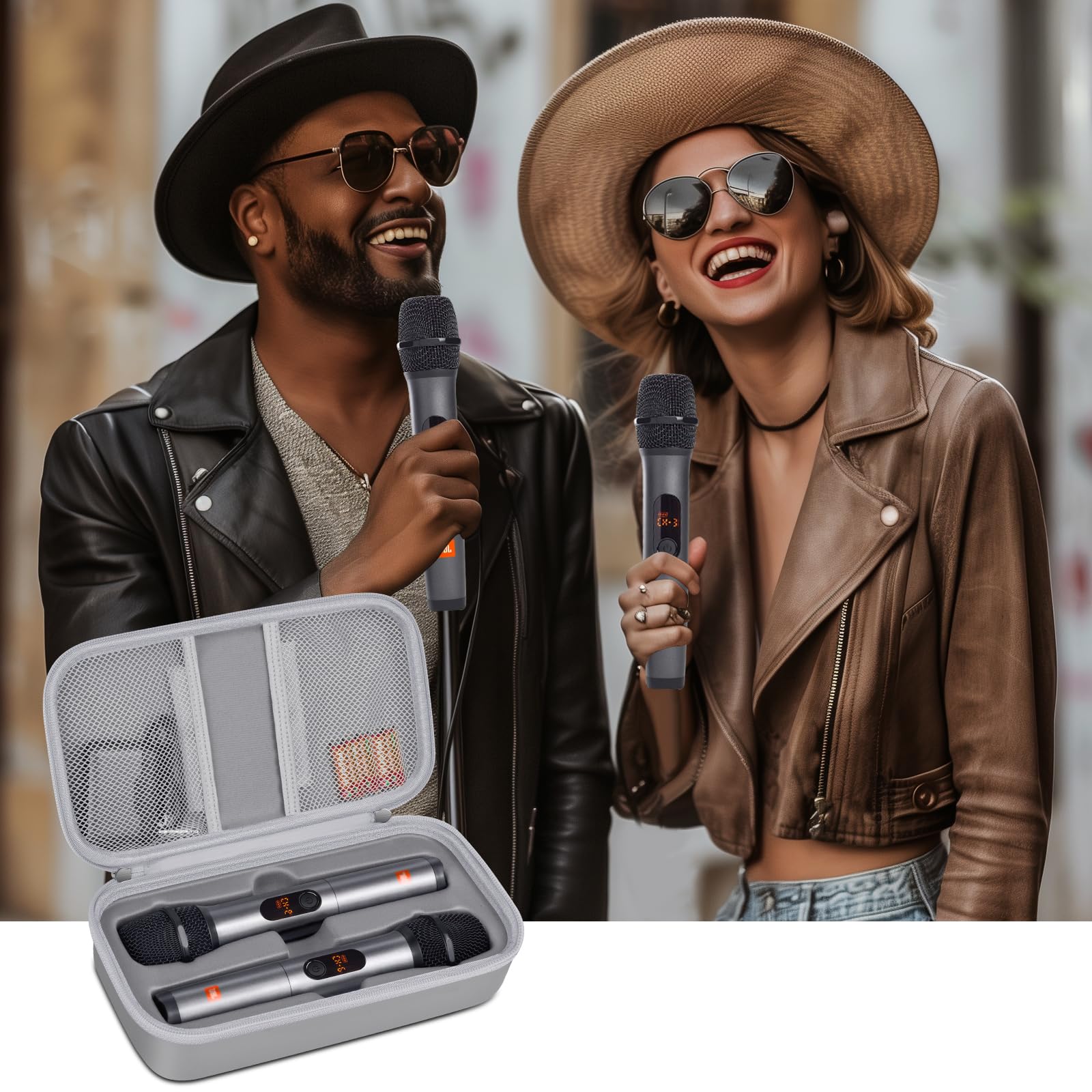 Singers using wireless microphones beside the open light gray carrying case