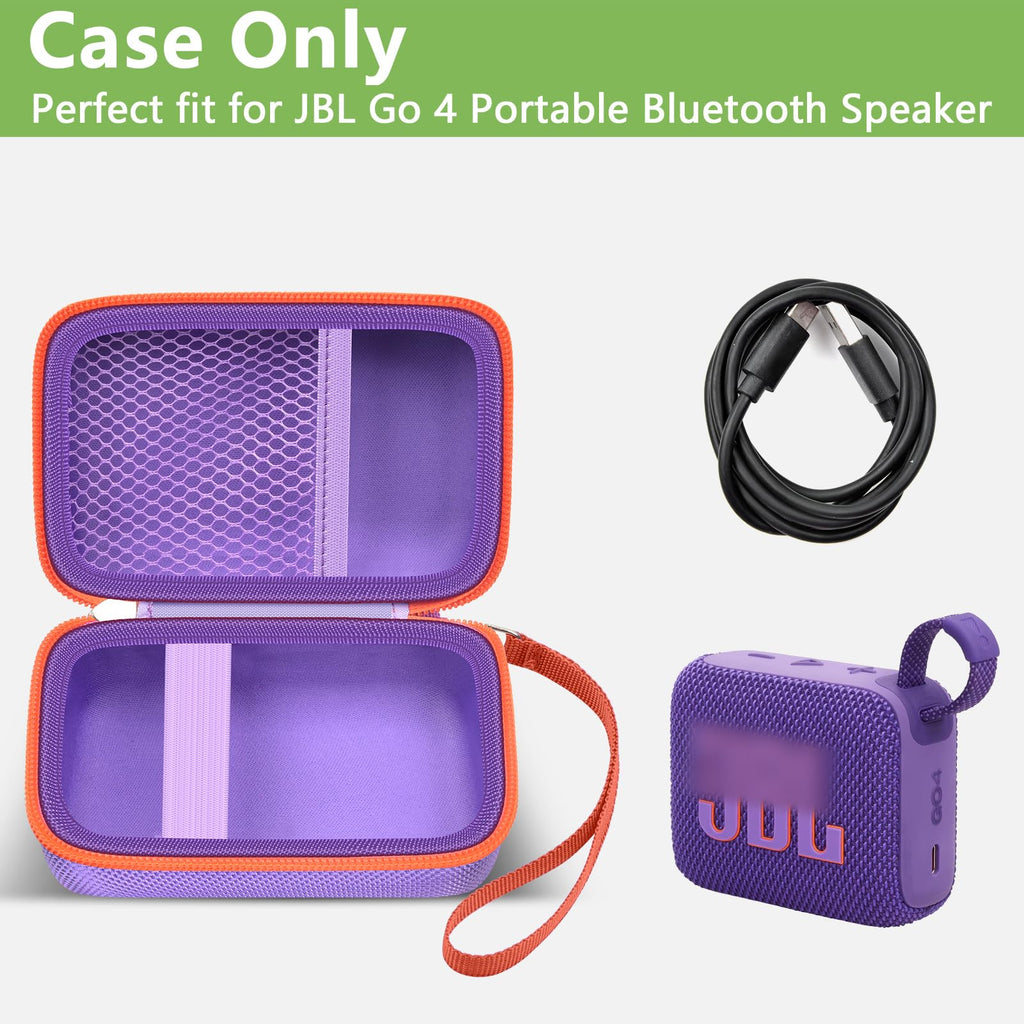 Open purple and orange JBL Go speaker case with mesh cable pocket and elastic retaining strap; case only