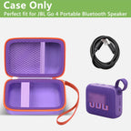 Open purple and orange JBL Go speaker case with mesh cable pocket and elastic retaining strap; case only