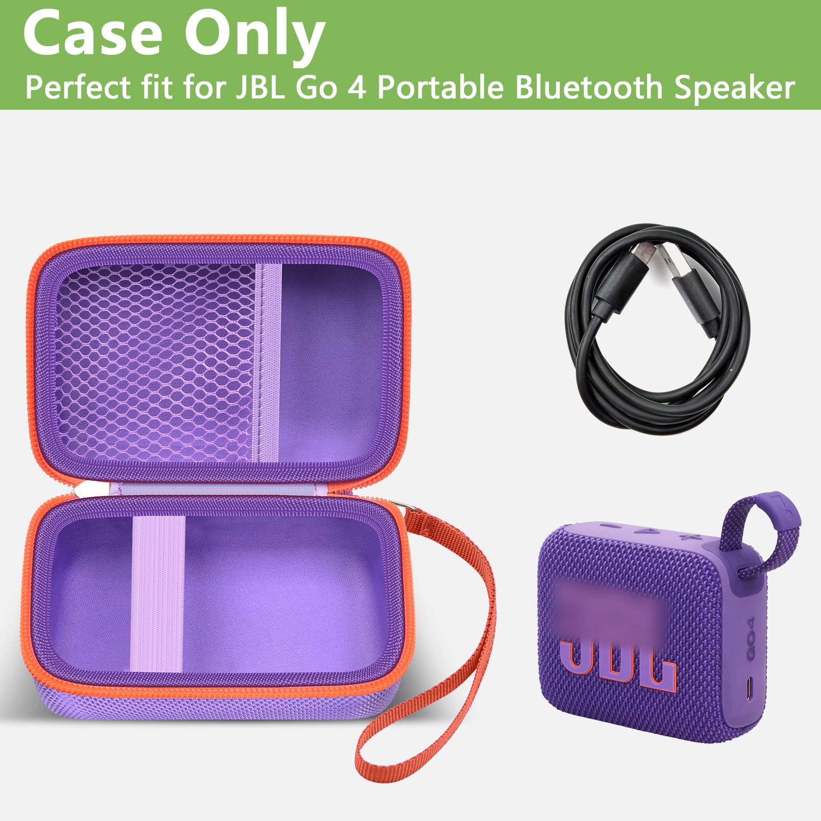 Open purple and orange JBL Go speaker case with mesh cable pocket and elastic retaining strap; case only