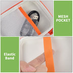 Close-up of the mesh accessory pocket and elastic drive-retaining strap inside the case