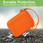 Orange protective digital camera case dust- and wear-resistant protection demonstration