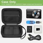 Black protective digital camera case shown open with compatible compact camera and accessories