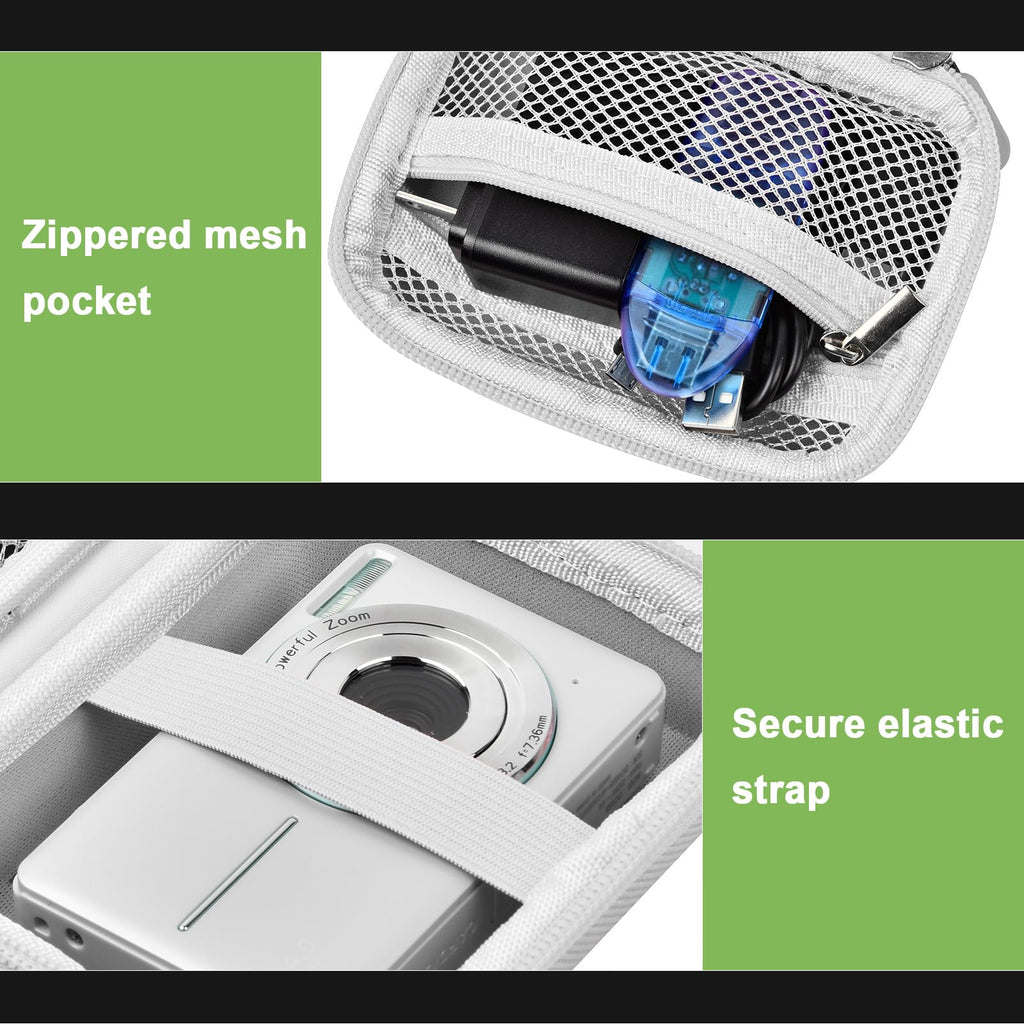 White protective digital camera case zippered mesh pocket and elastic camera strap interior
