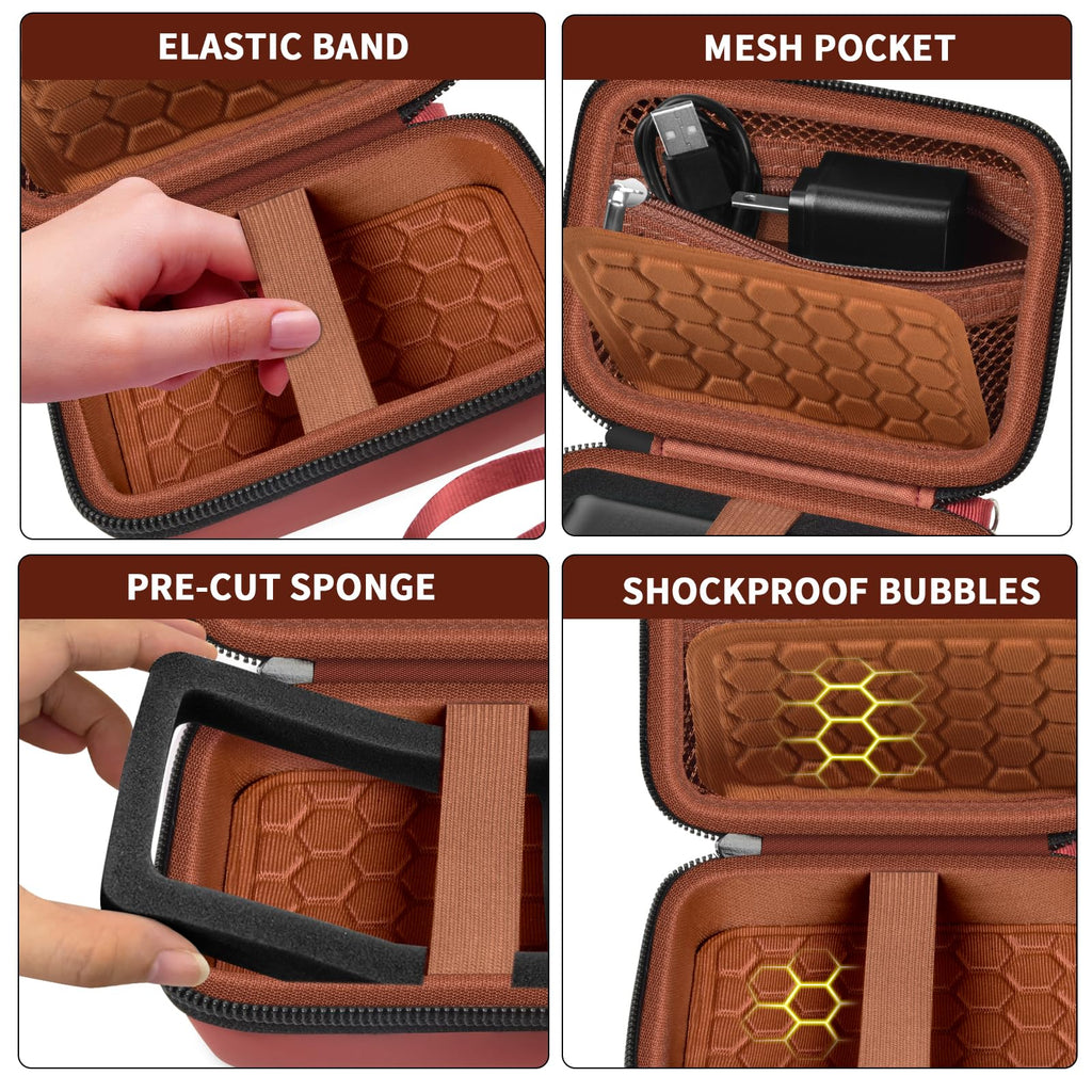 Coral and brown camera case interior with elastic strap, mesh pocket, foam insert, and shock-absorbing padding