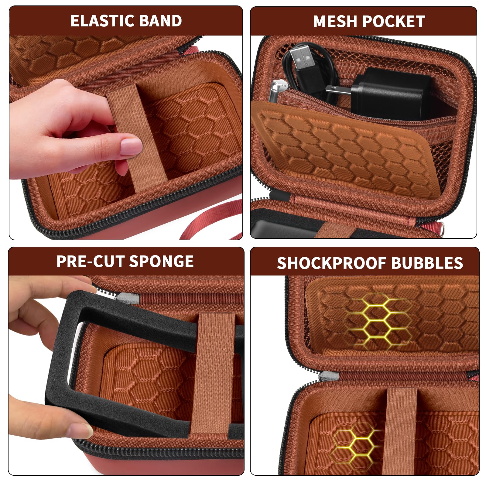Coral and brown camera case interior with elastic strap, mesh pocket, foam insert, and shock-absorbing padding