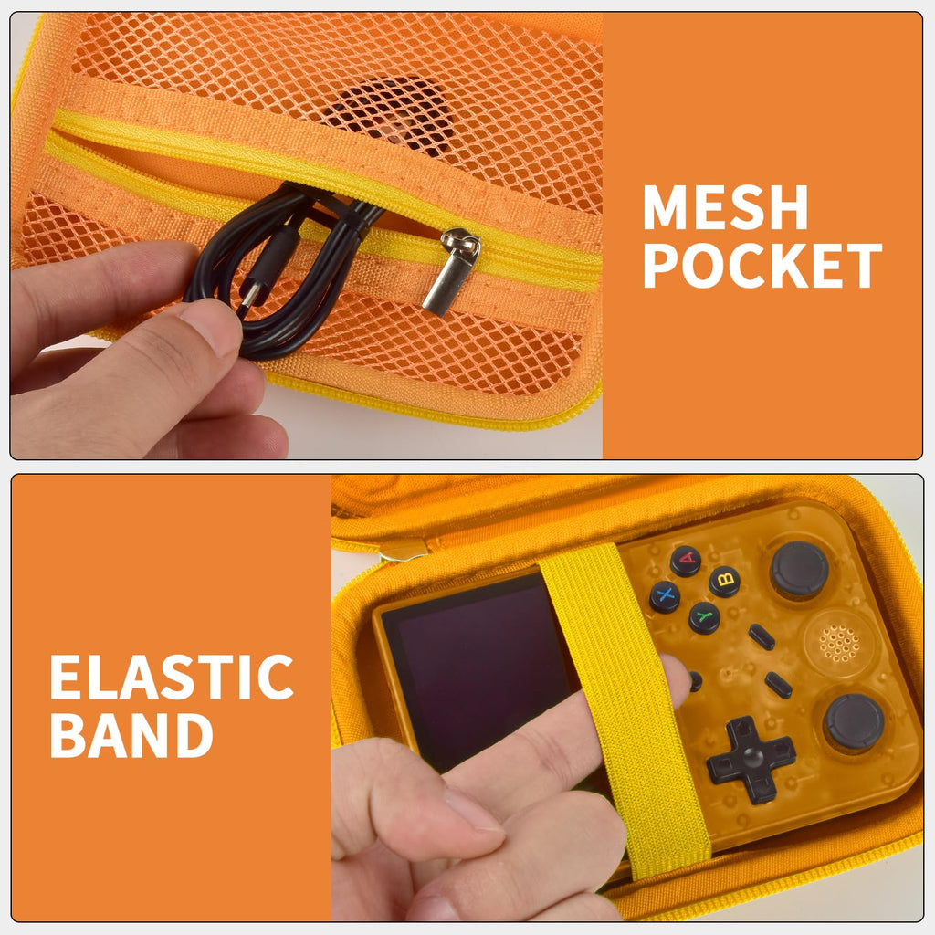 Orange retro handheld console carrying case mesh cable pocket and elastic console strap interior