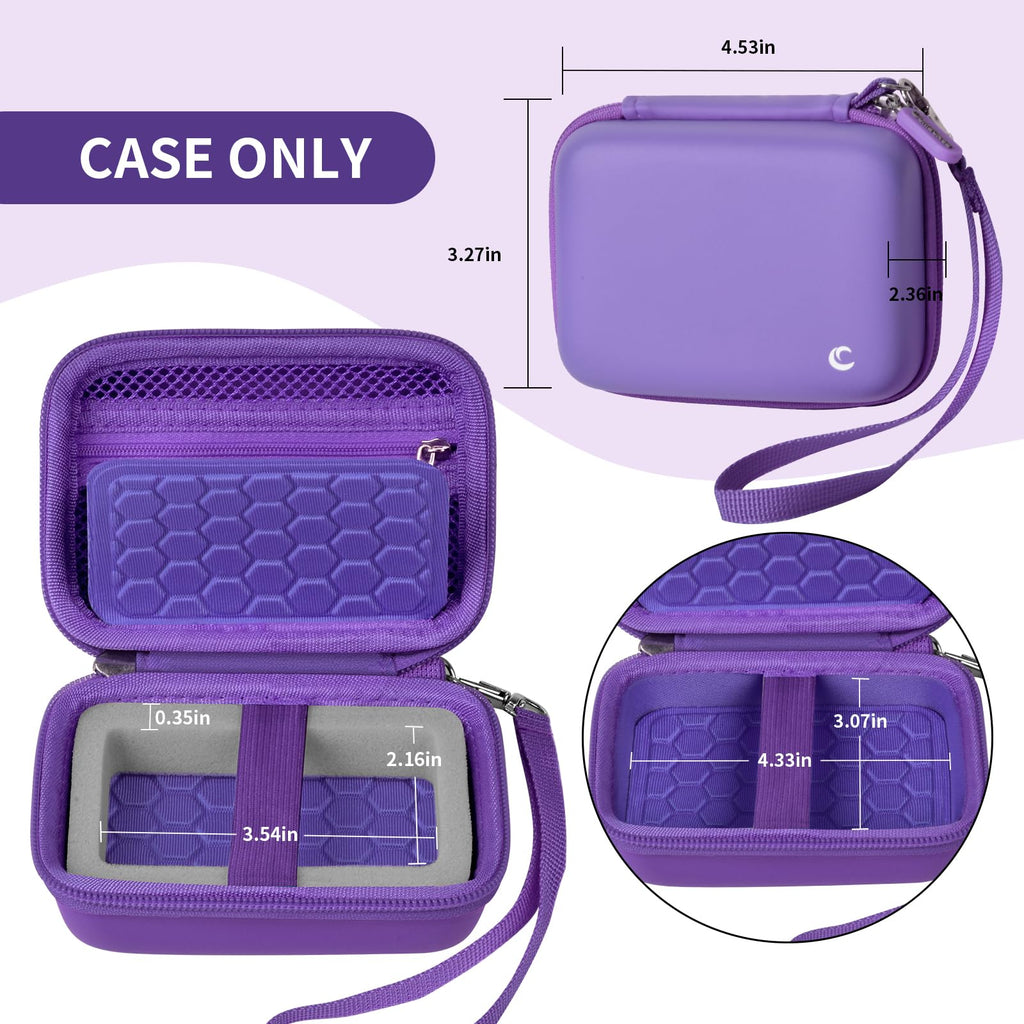 Open purple camera case with internal dimensions and wrist strap; case only