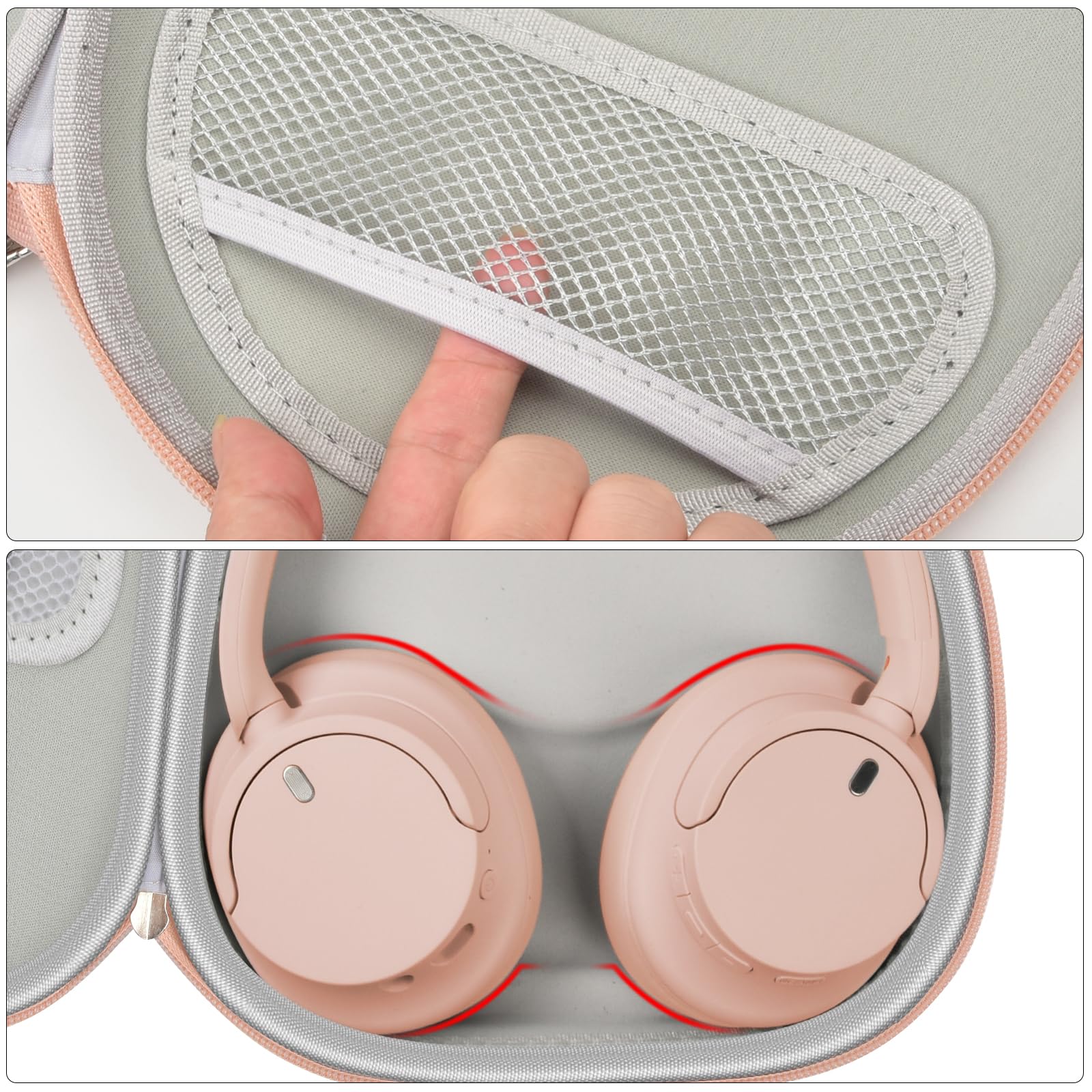Rose gold headphone case interior with mesh accessory pocket and folded headphones