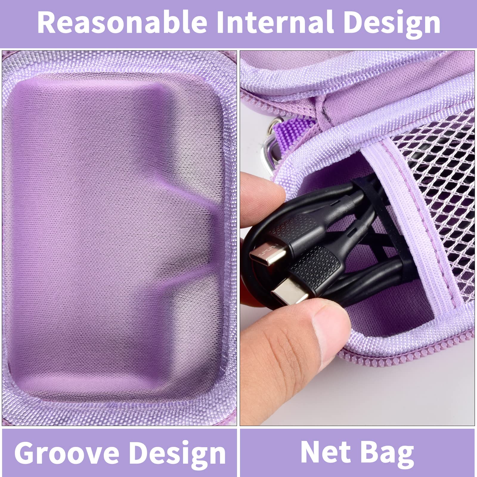 Purple charger case interior with molded groove and mesh cable pocket
