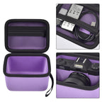Purple camera organizer interior with mesh accessory pocket and padded divider