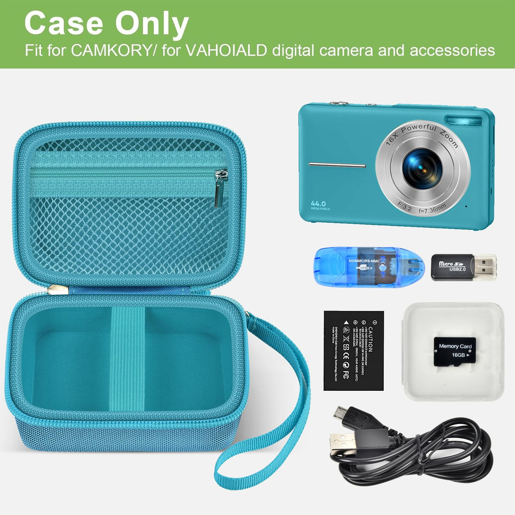 Teal protective digital camera case shown open with compatible compact camera and accessories