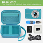 Teal protective digital camera case shown open with compatible compact camera and accessories