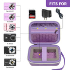 Open lavender compact camera case shown with compatible Kodak, Canon, and Sony cameras