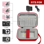 Open red compact camera case shown with compatible Kodak, Canon, and Sony cameras