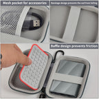 Gray SSD case interior with mesh cable pocket, elastic bands, and padded divider