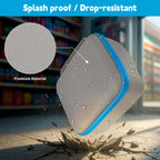 Gray and blue label maker case showing splash-proof and drop-resistant construction