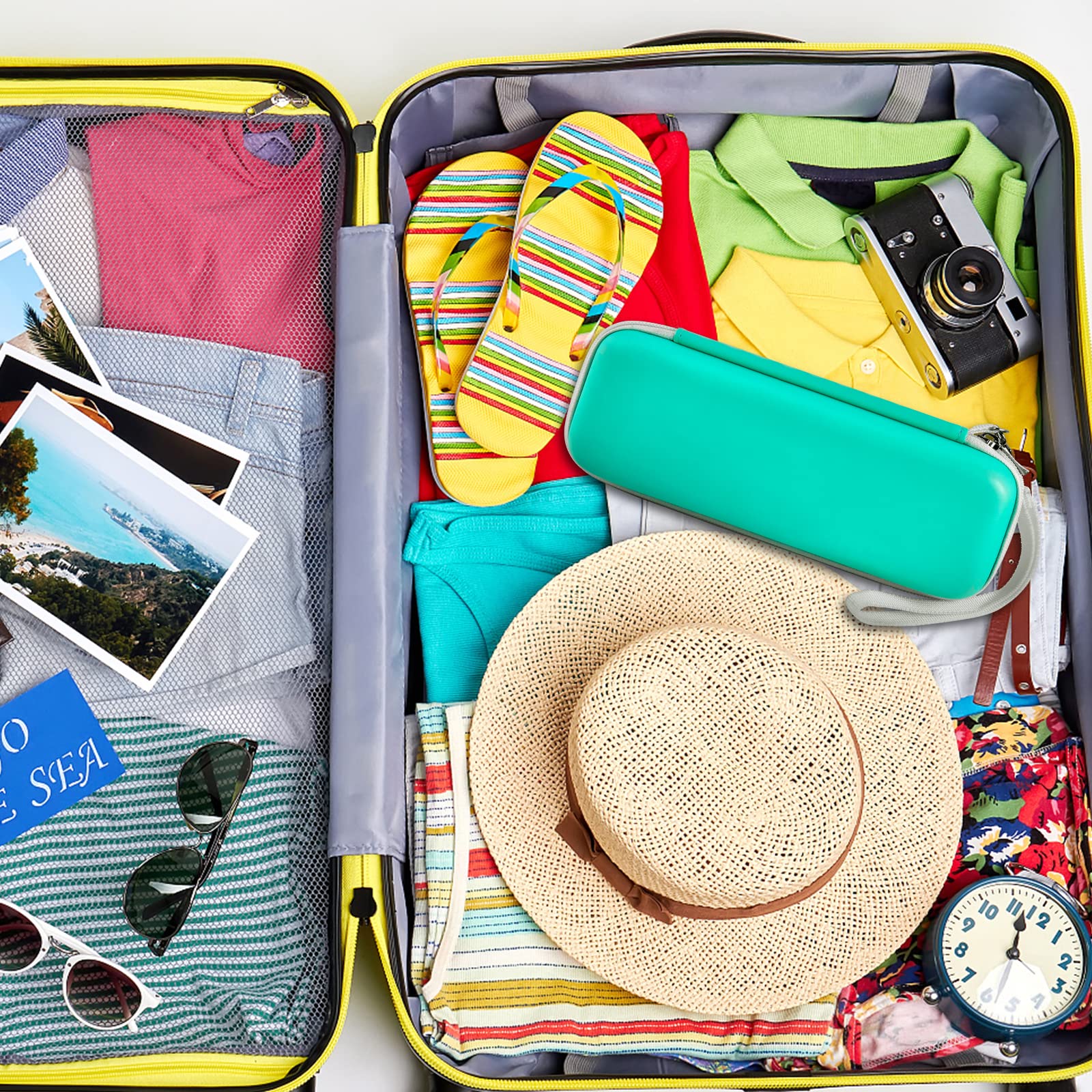 Green electric toothbrush case packed inside a suitcase