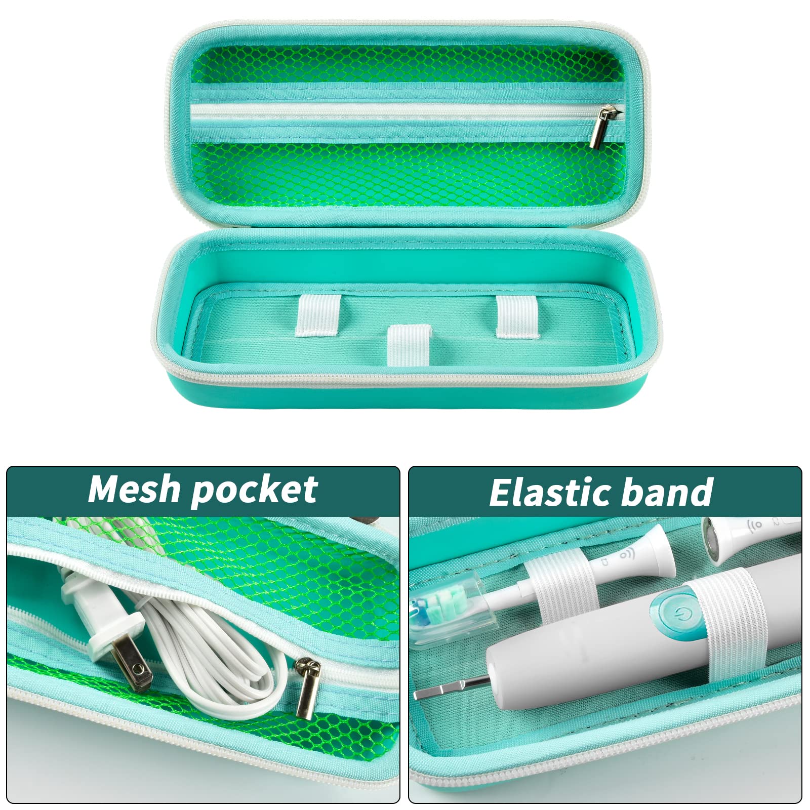 Green toothbrush case interior with mesh pocket, elastic band, and molded compartments
