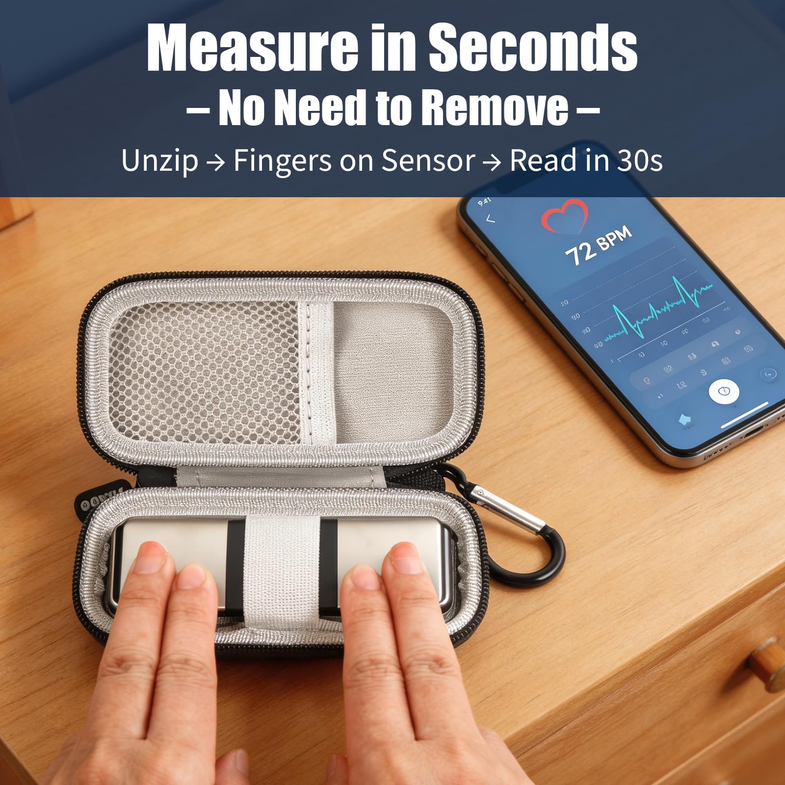 KardiaMobile measurement performed inside the open black case without removing the device