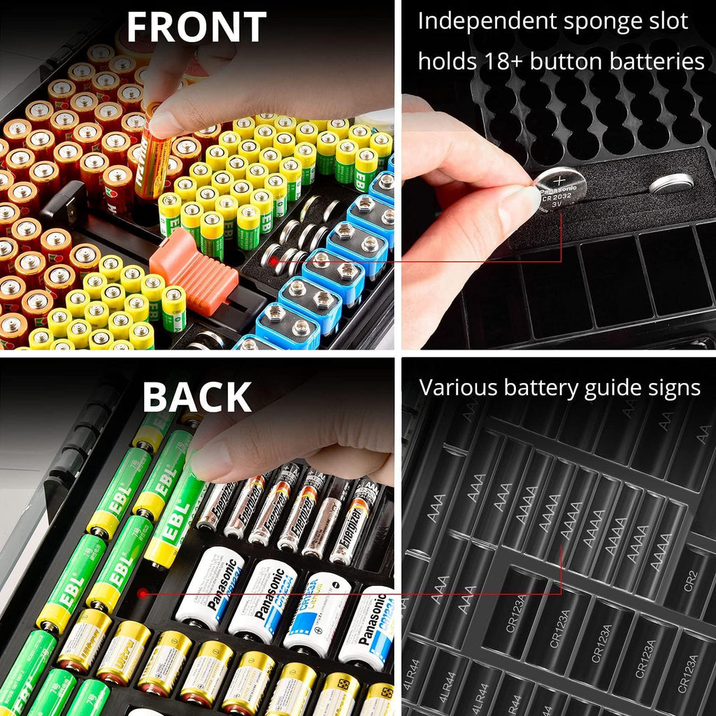 Black with red handle 269-slot battery organizer case front and back battery compartments and button-cell slots