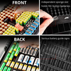 Black with red handle 269-slot battery organizer case front and back battery compartments and button-cell slots