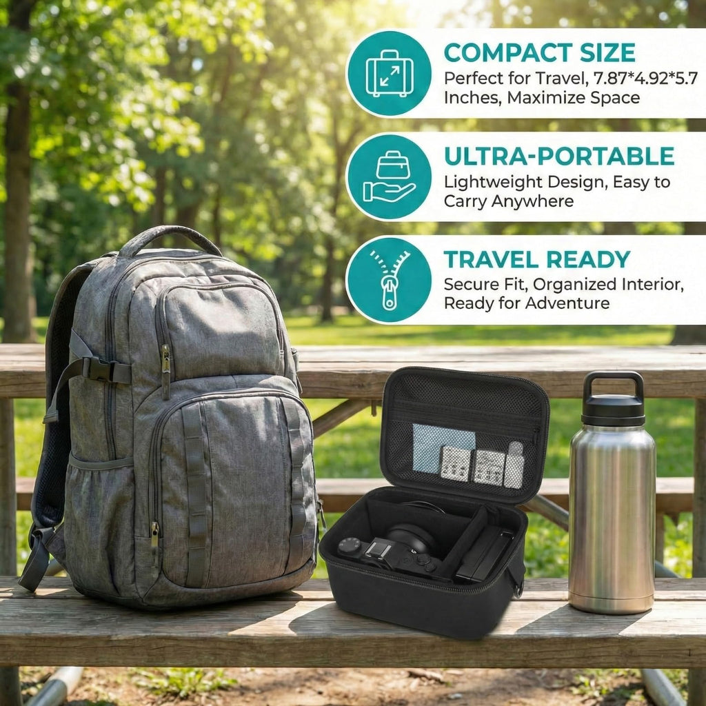 Compact black camera case shown beside a backpack and travel bottle