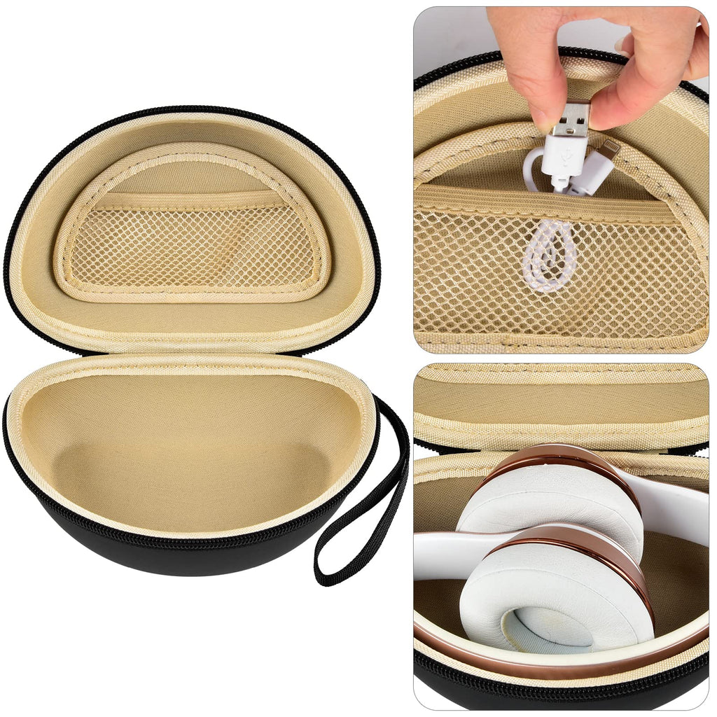 Open beige and black headphone case with mesh accessory pocket and folded over-ear headphones