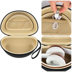 Open beige and black headphone case with mesh accessory pocket and folded over-ear headphones