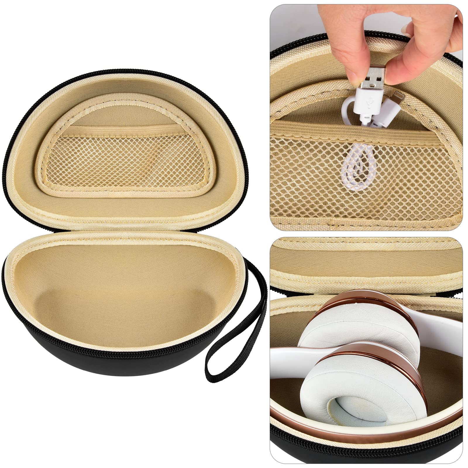 Open beige and black headphone case with mesh accessory pocket and folded over-ear headphones