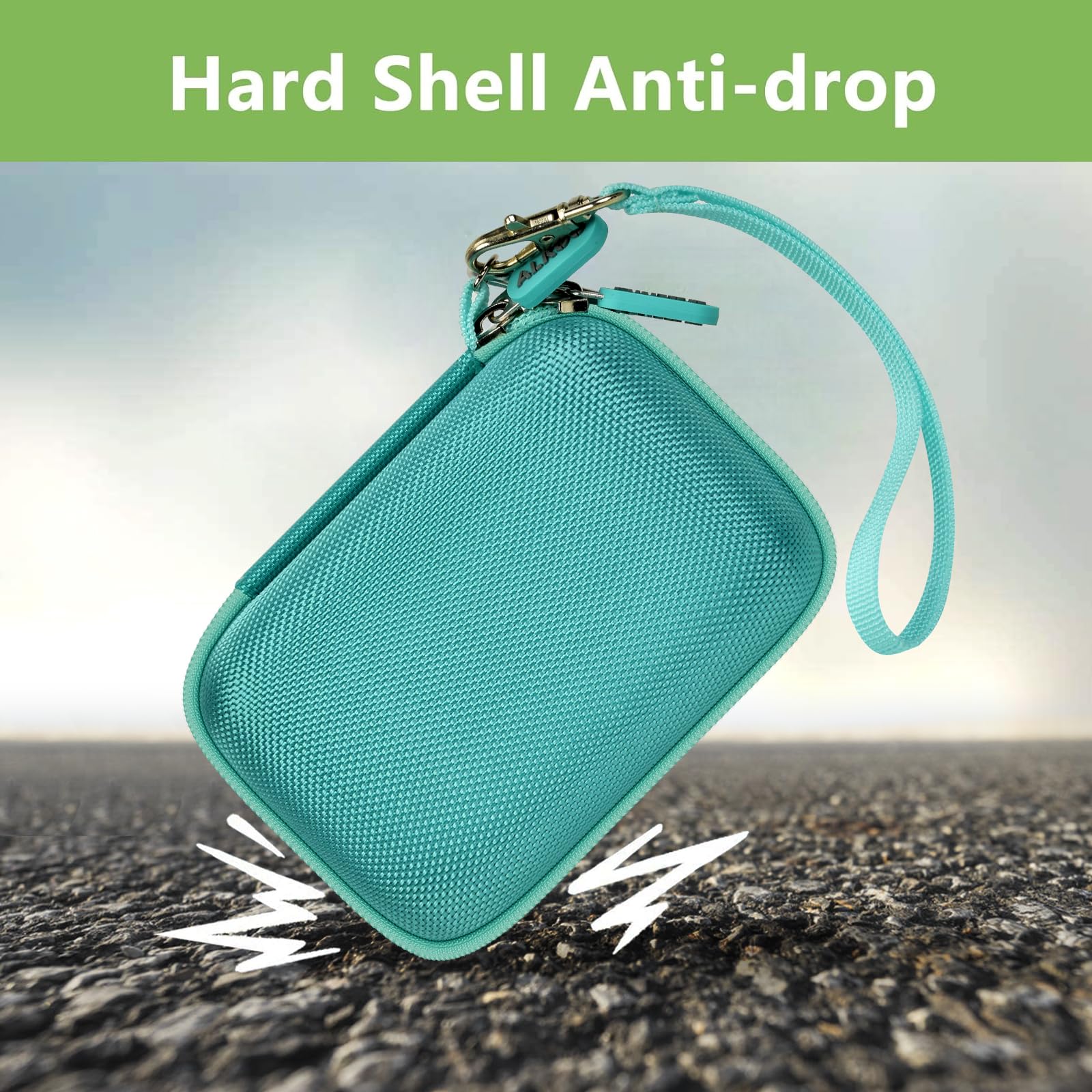 Mint green hard-shell JBL Go speaker case demonstrating anti-drop protection