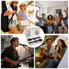 Collage of musicians using the white and orange dual microphone carrying case
