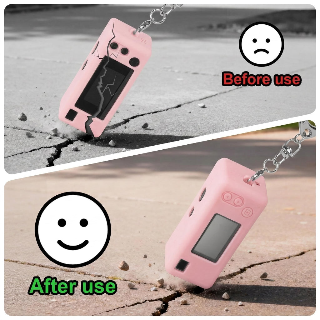 Light pink silicone case for Kodak Charmera keychain camera drop-protection demonstration with keychain attached