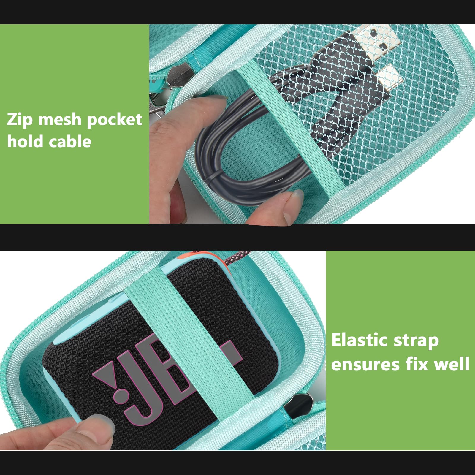 Mint green speaker case interior with mesh cable pocket and elastic strap holding a JBL Go speaker