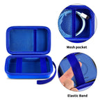 Open blue organizer with mesh cable pocket, elastic straps, and divided compartments