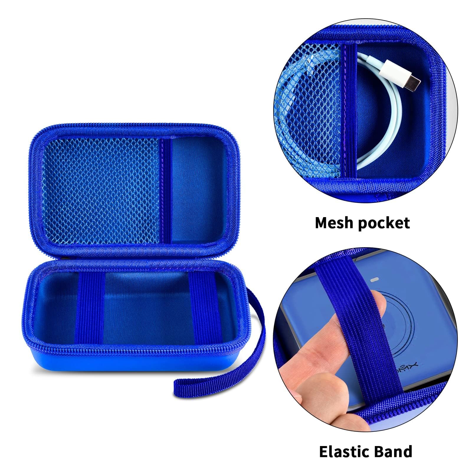 Open blue organizer with mesh cable pocket, elastic straps, and divided compartments