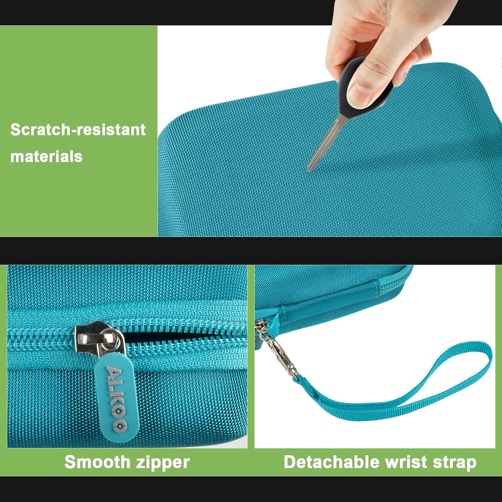 Teal protective digital camera case scratch-resistant shell, zipper and wrist strap detail