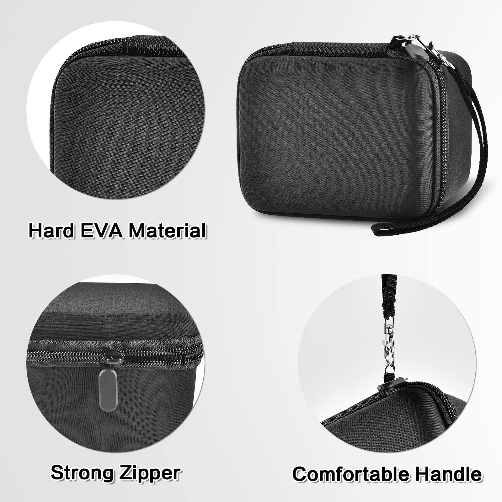Black camera case with hard EVA shell, strong zipper, and carrying strap