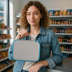 Woman carrying the gray and blue label maker case by its handle