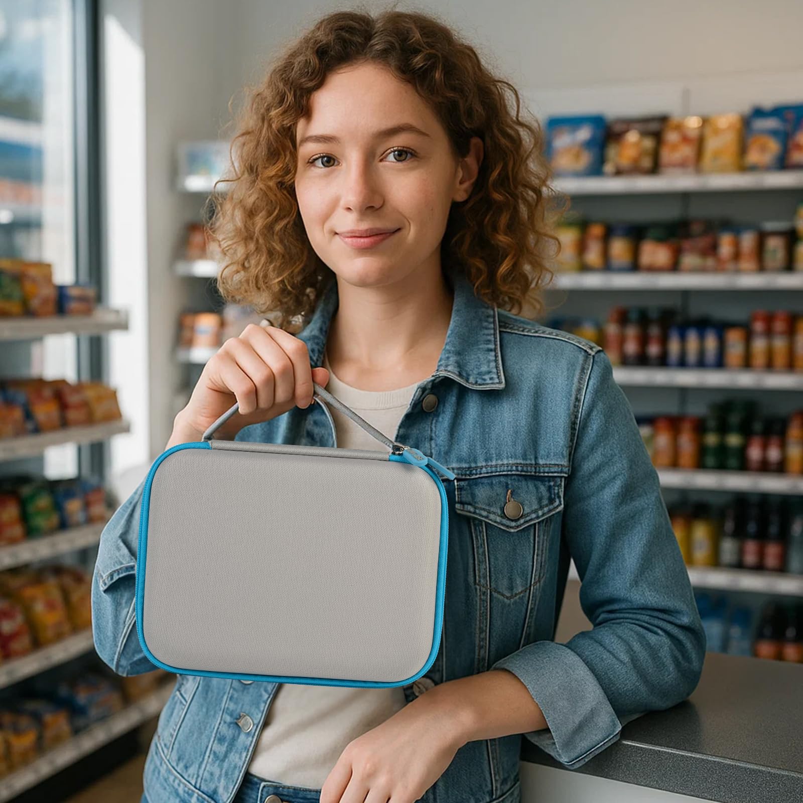 Woman carrying the gray and blue label maker case by its handle